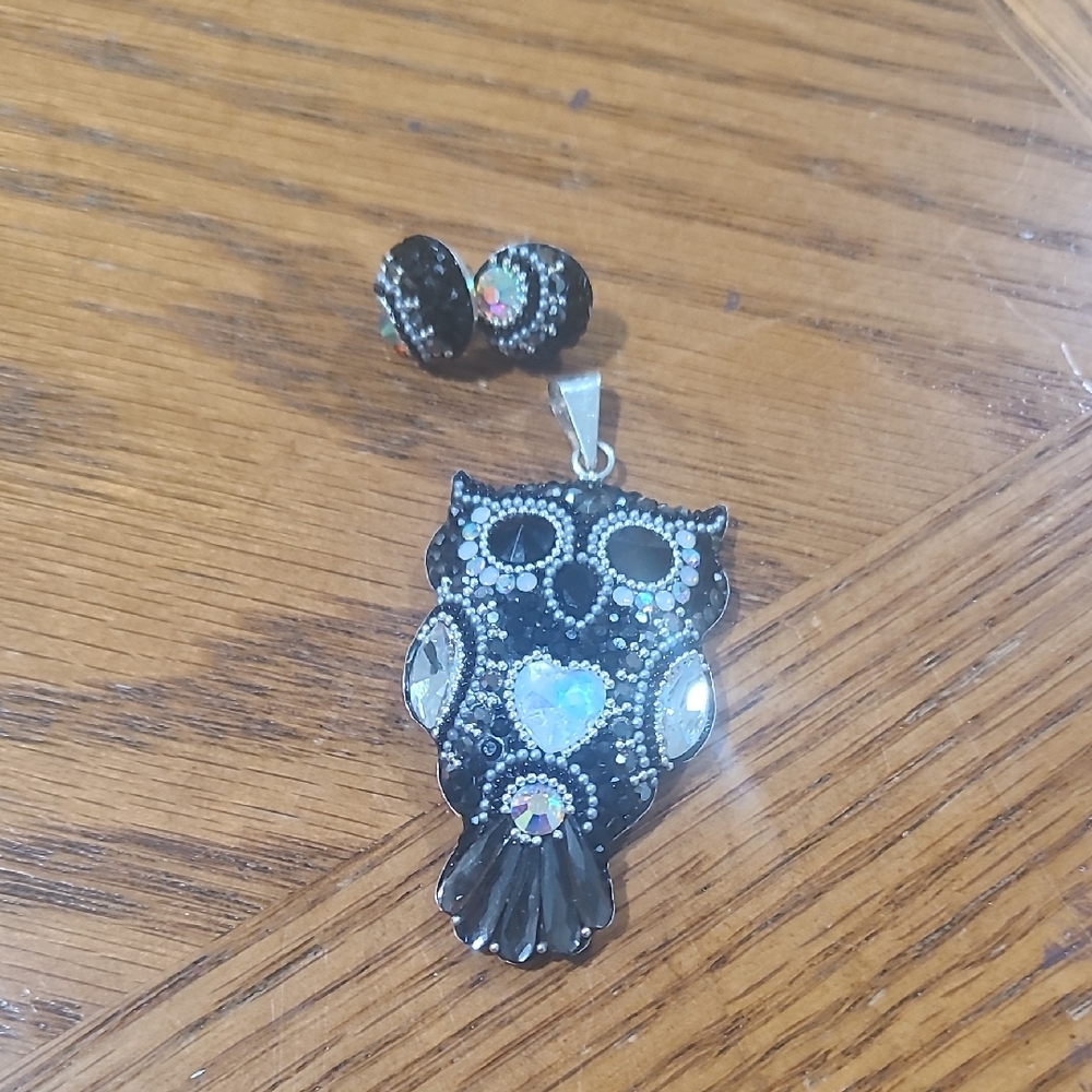 Elegant Black Owl Pendant and Earring Set